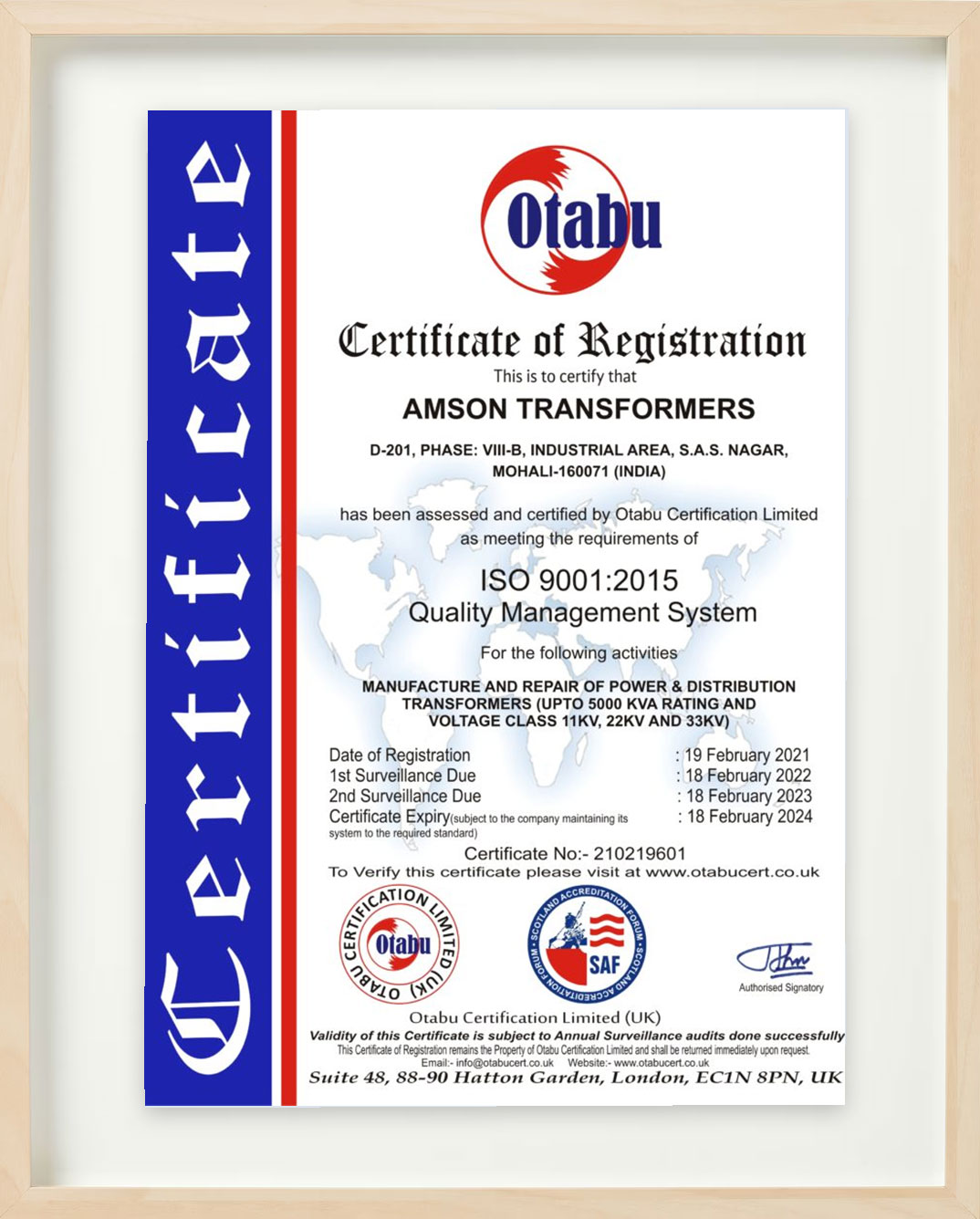 Our Certification, Amson Transformers